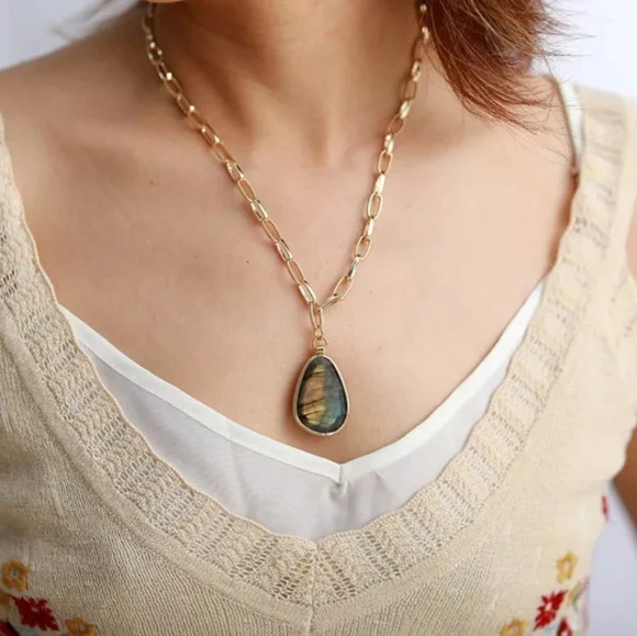 Labradorite Natural Stone Pendant Chunky Copper Chain Necklace - Picture 3 of 7